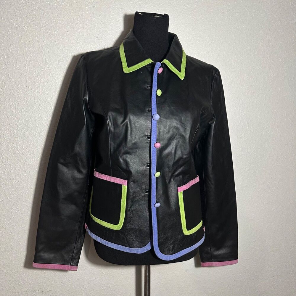 Vtg Metrostyle Leather Jacket Size 12 Color Block Neon Suede Trim Blazer Y2K 90s